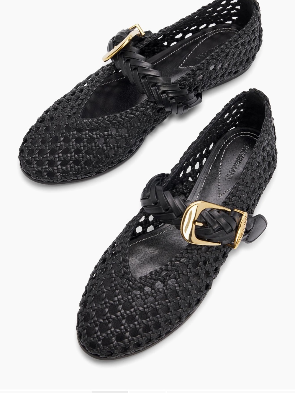 Zimmermann Black Woven Mary Jane Flats with Gold Buckle